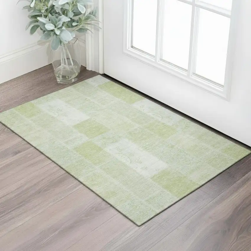Artichoke Green And Ivory Patchwork Washable Area Rug With UV Protection Photo 1