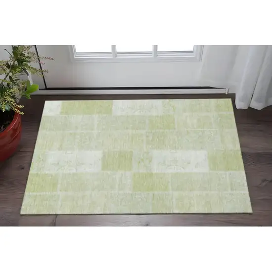 Artichoke Green And Ivory Patchwork Washable Area Rug With UV Protection Photo 2
