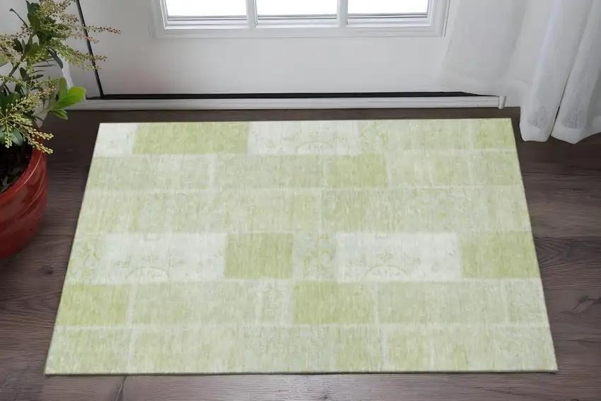 Artichoke Green And Ivory Patchwork Washable Area Rug With UV Protection Photo 2