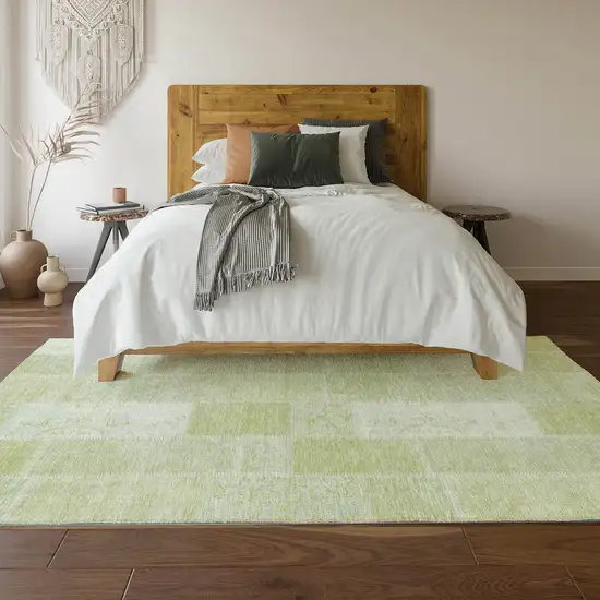 Artichoke Green And Ivory Patchwork Washable Area Rug With UV Protection Photo 6