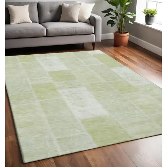 Artichoke Green And Ivory Patchwork Washable Area Rug With UV Protection Photo 2