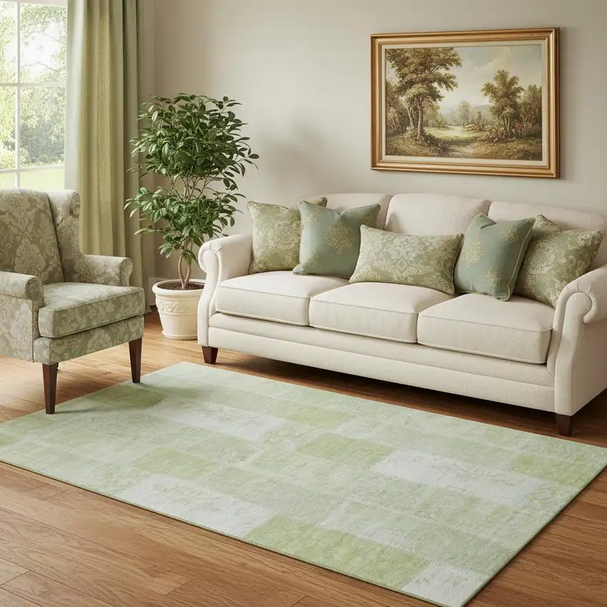 Artichoke Green And Ivory Patchwork Washable Area Rug With UV Protection Photo 1