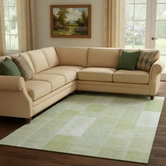 Artichoke Green And Ivory Patchwork Washable Area Rug With UV Protection Photo 1