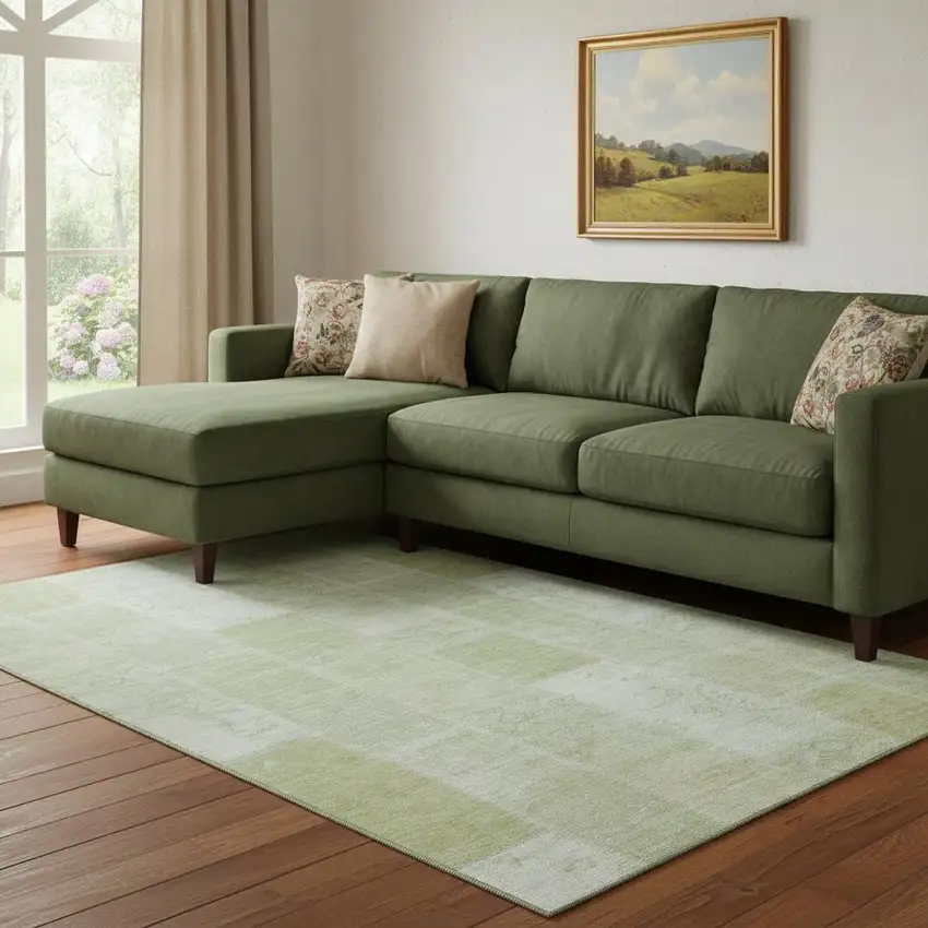 Artichoke Green And Ivory Patchwork Washable Area Rug With UV Protection Photo 1