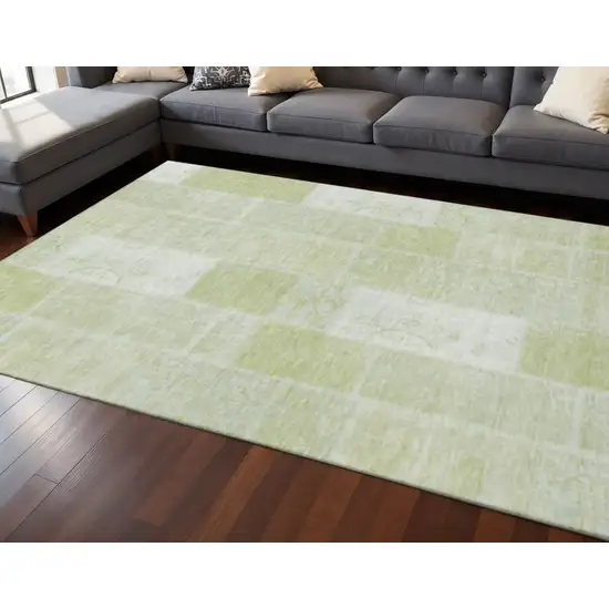 Artichoke Green And Ivory Patchwork Washable Area Rug With UV Protection Photo 2