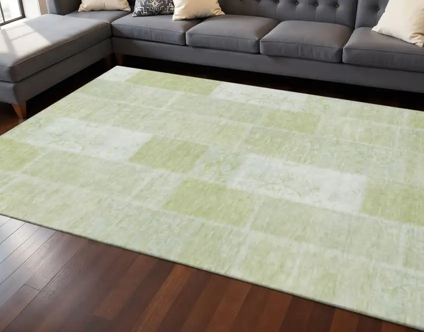 Artichoke Green And Ivory Patchwork Washable Area Rug With UV Protection Photo 2