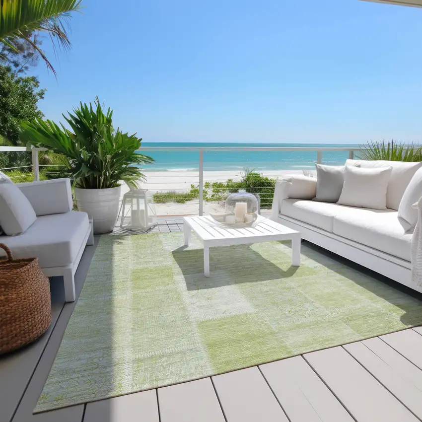 Artichoke Green And Ivory Patchwork Washable Indoor Outdoor Area Rug Photo 7