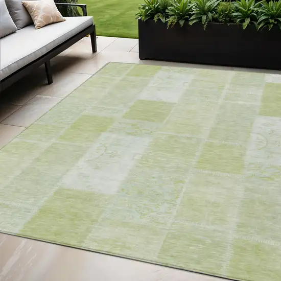 Artichoke Green And Ivory Patchwork Washable Indoor Outdoor Area Rug Photo 1