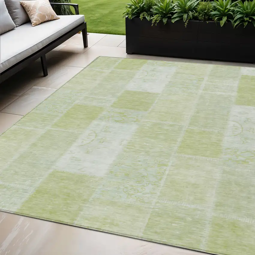 Artichoke Green And Ivory Patchwork Washable Indoor Outdoor Area Rug Photo 1