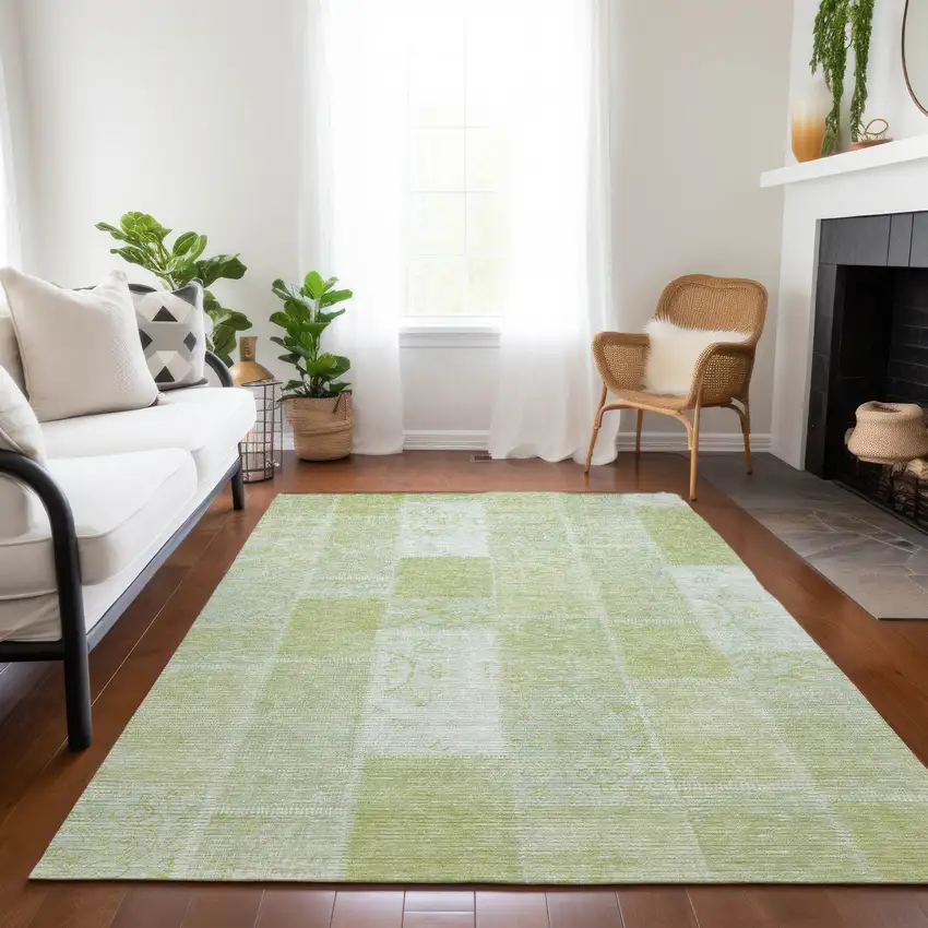 Artichoke Green And Ivory Patchwork Washable Indoor Outdoor Area Rug Photo 8