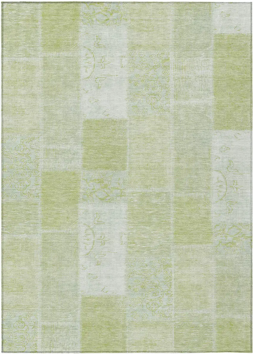 Artichoke Green And Ivory Patchwork Washable Indoor Outdoor Area Rug Photo 1