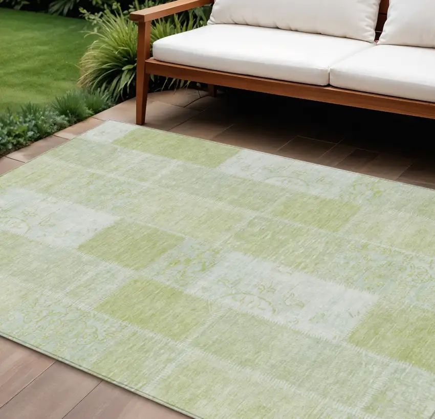 Artichoke Green And Ivory Patchwork Washable Indoor Outdoor Area Rug Photo 1