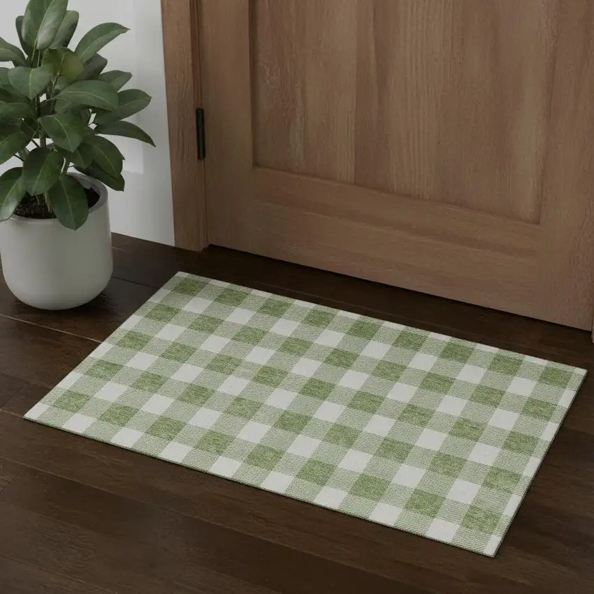 Artichoke Green And Ivory Plaid Washable Area Rug With UV Protection Photo 1