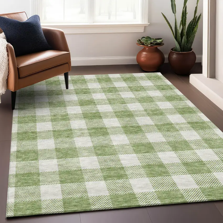 Artichoke Green And Ivory Plaid Washable Area Rug With UV Protection Photo 4
