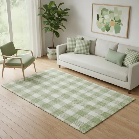 Artichoke Green And Ivory Plaid Washable Area Rug With UV Protection Photo 1