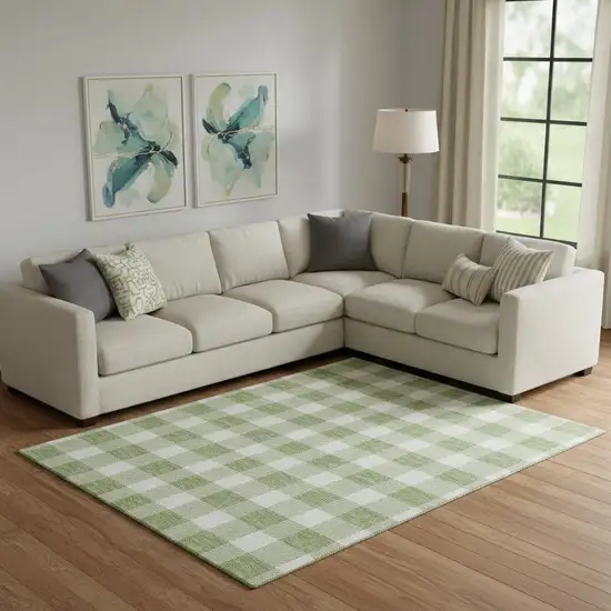 Artichoke Green And Ivory Plaid Washable Area Rug With UV Protection Photo 1