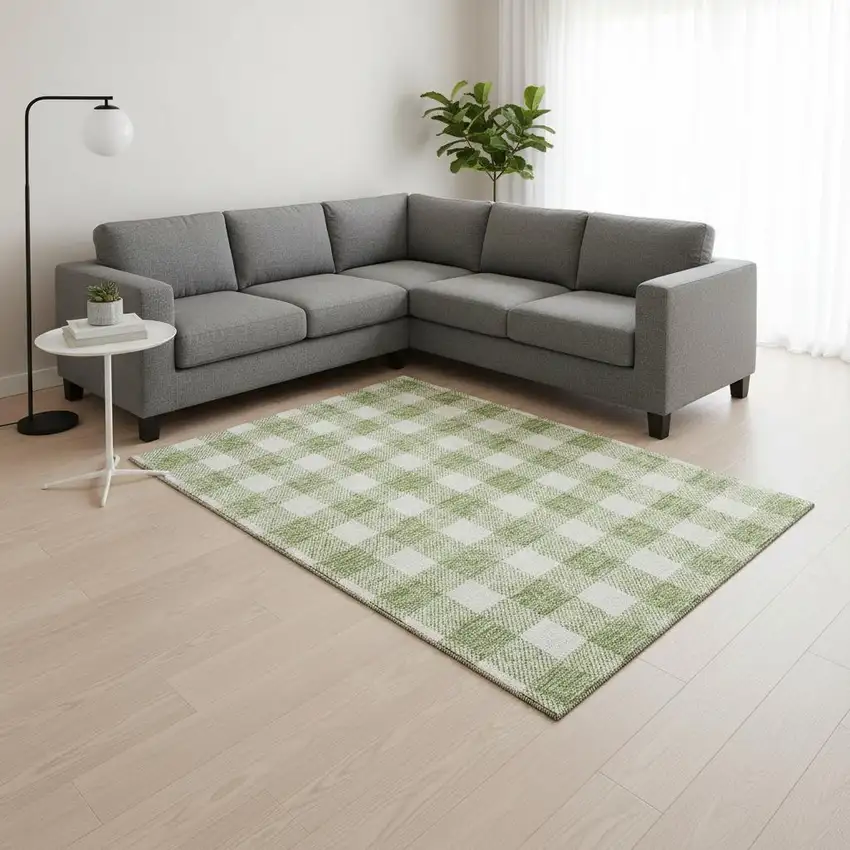 Artichoke Green And Ivory Plaid Washable Area Rug With UV Protection Photo 2