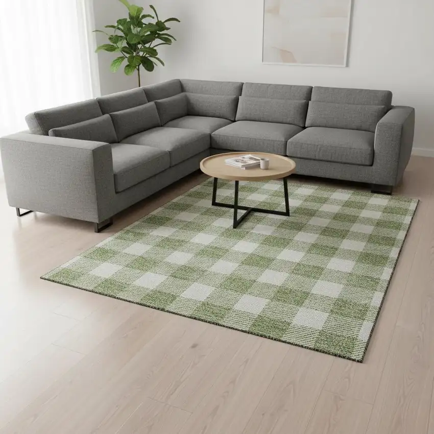 Artichoke Green And Ivory Plaid Washable Area Rug With UV Protection Photo 2