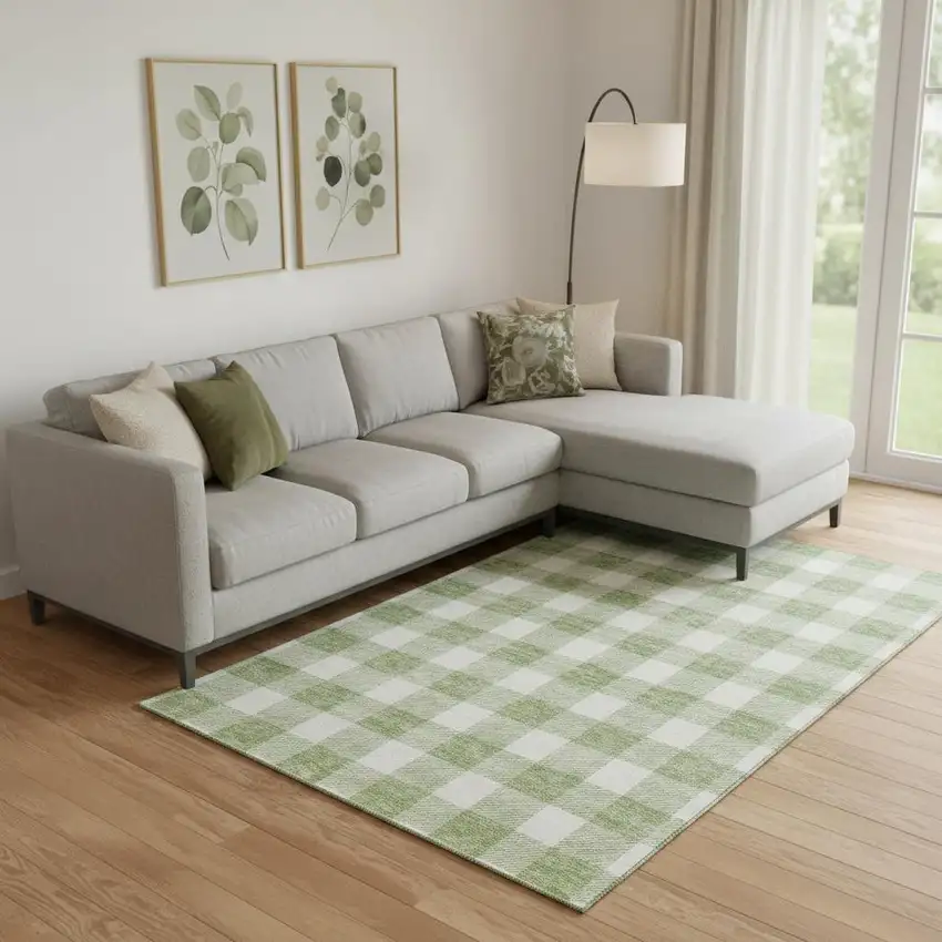 Artichoke Green And Ivory Plaid Washable Area Rug With UV Protection Photo 1