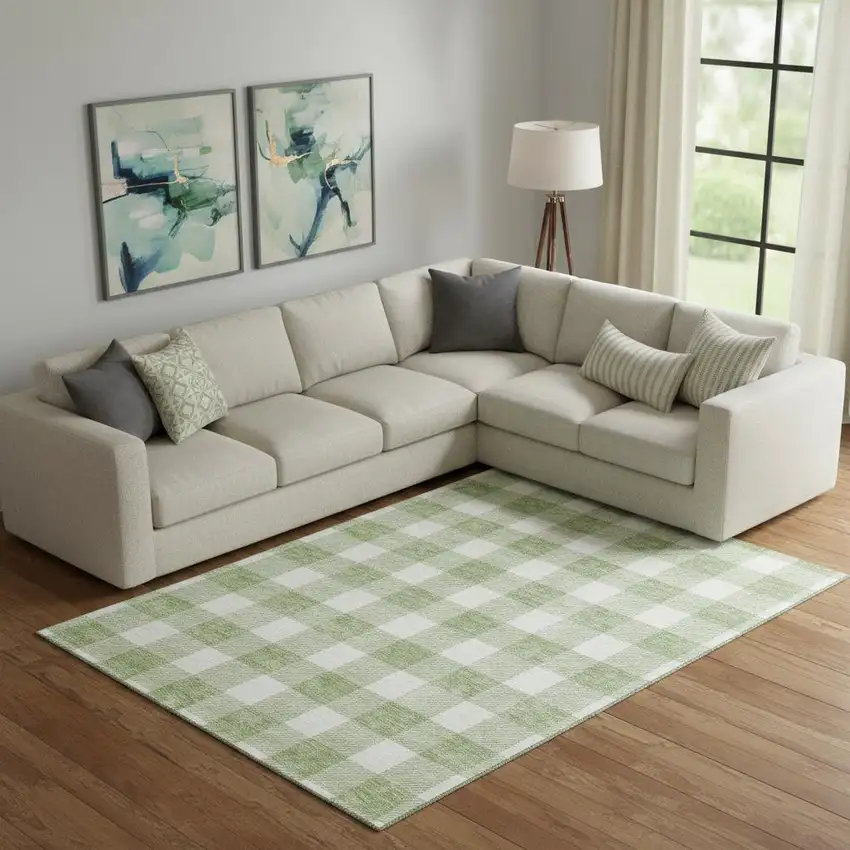 Artichoke Green And Ivory Plaid Washable Area Rug With UV Protection Photo 1