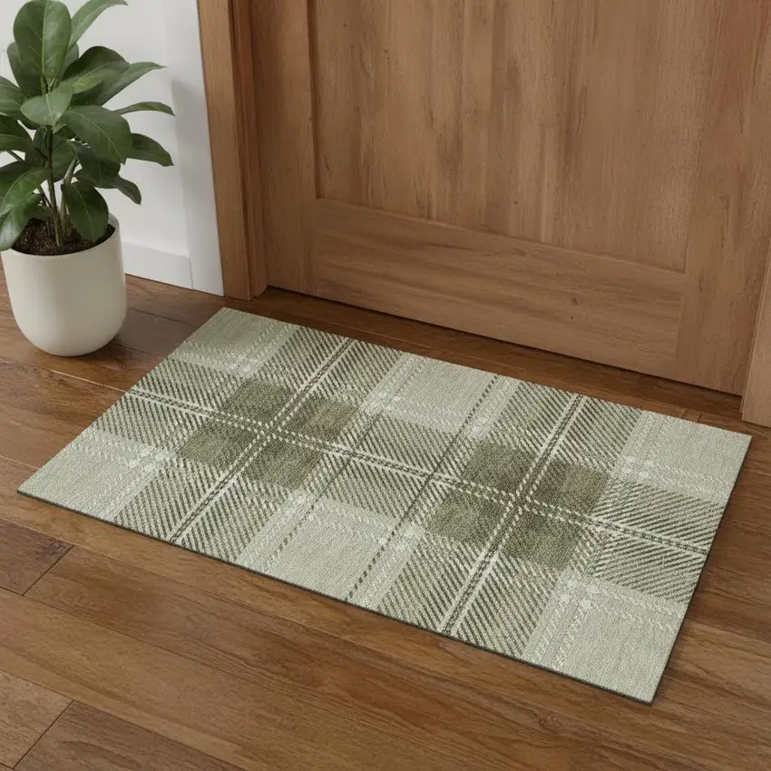 Artichoke Green And Ivory Plaid Washable Area Rug With UV Protection Photo 1