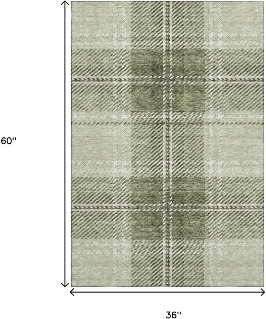 Artichoke Green And Ivory Plaid Washable Area Rug With UV Protection Photo 3