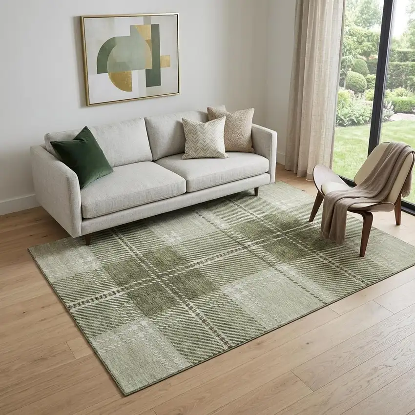 Artichoke Green And Ivory Plaid Washable Area Rug With UV Protection Photo 1