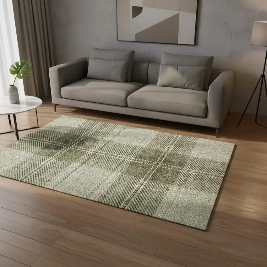 Artichoke Green And Ivory Plaid Washable Area Rug With UV Protection Photo 2