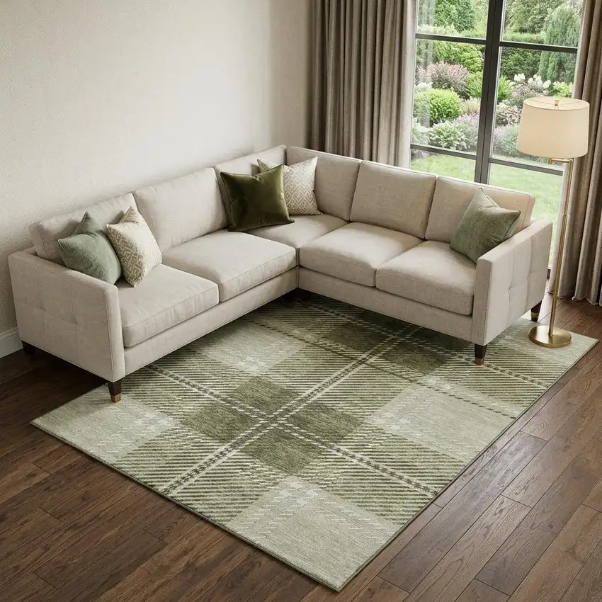 Artichoke Green And Ivory Plaid Washable Area Rug With UV Protection Photo 1