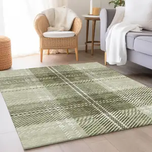 Photo of Artichoke Green And Ivory Plaid Washable Area Rug With UV Protection