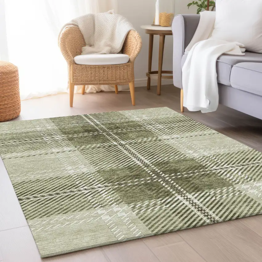 Artichoke Green And Ivory Plaid Washable Area Rug With UV Protection Photo 4