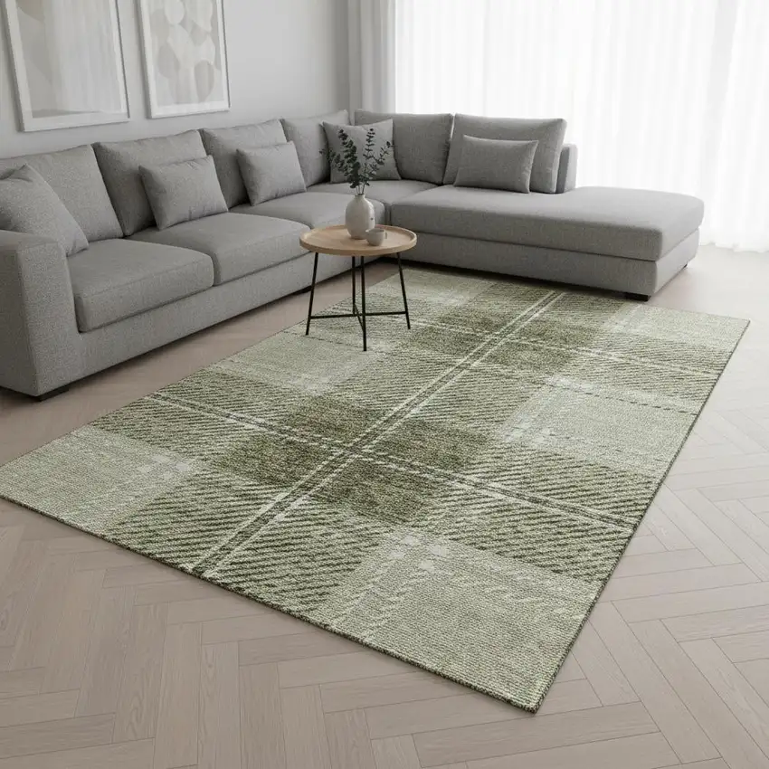 Artichoke Green And Ivory Plaid Washable Area Rug With UV Protection Photo 2