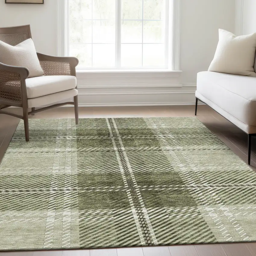 Artichoke Green And Ivory Plaid Washable Area Rug With UV Protection Photo 5
