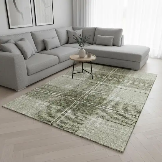Artichoke Green And Ivory Plaid Washable Area Rug With UV Protection Photo 2