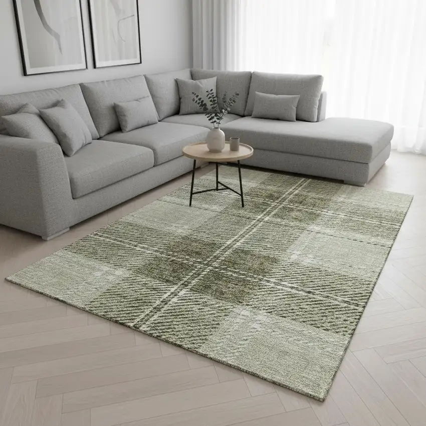 Artichoke Green And Ivory Plaid Washable Area Rug With UV Protection Photo 2