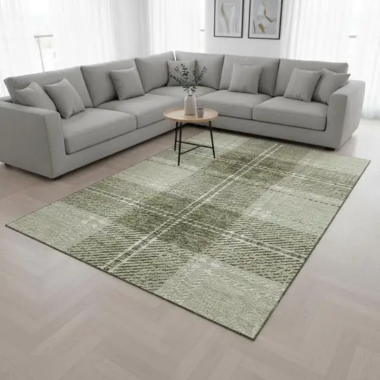 Artichoke Green And Ivory Plaid Washable Area Rug With UV Protection Photo 2