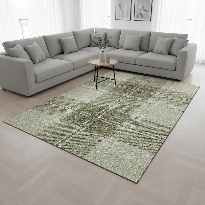 Artichoke Green And Ivory Plaid Washable Area Rug With UV Protection Photo 2