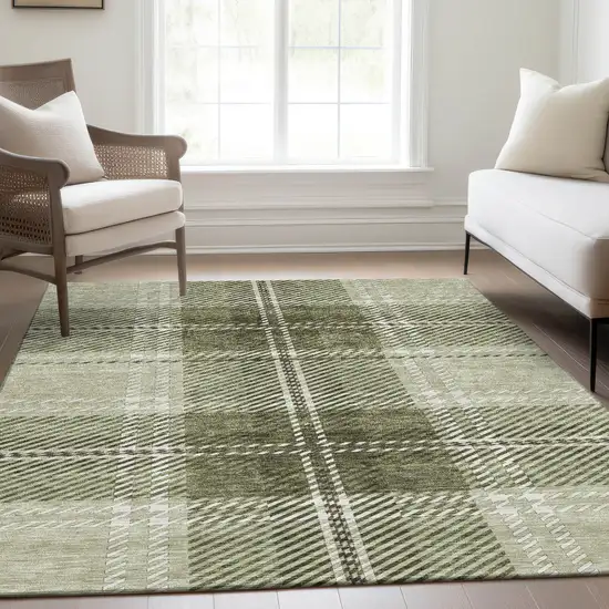 Artichoke Green And Ivory Plaid Washable Area Rug With UV Protection Photo 4