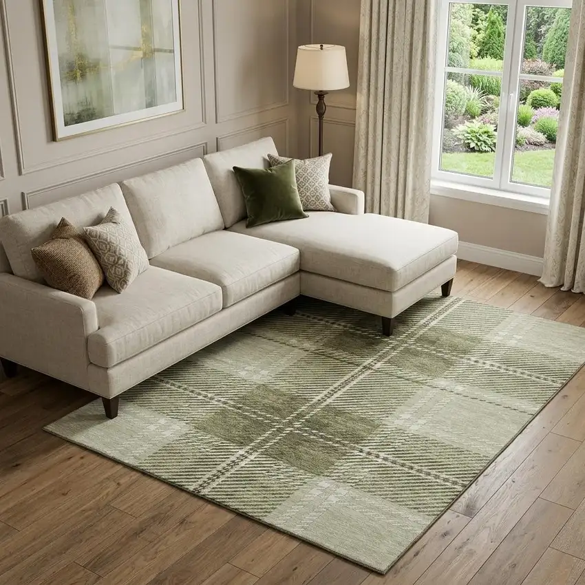 Artichoke Green And Ivory Plaid Washable Area Rug With UV Protection Photo 1