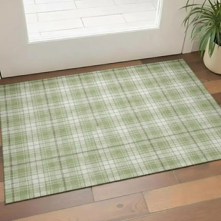 Artichoke Green And Ivory Plaid Washable Area Rug With UV Protection Photo 2