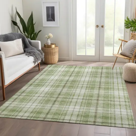 Artichoke Green And Ivory Plaid Washable Area Rug With UV Protection Photo 4