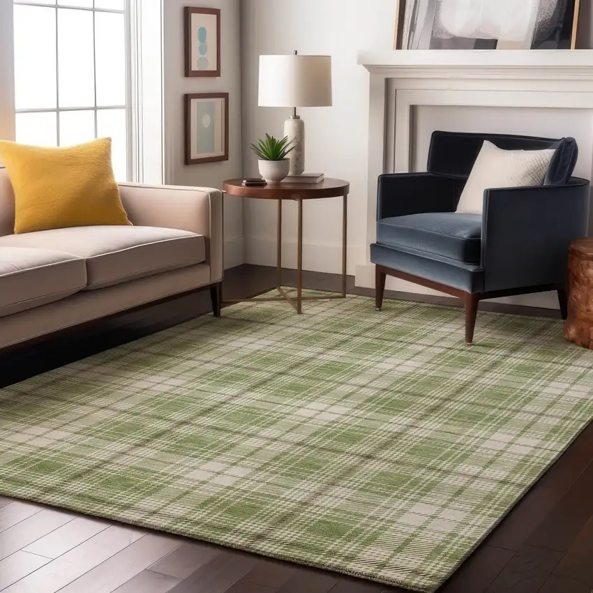 Artichoke Green And Ivory Plaid Washable Area Rug With UV Protection Photo 3