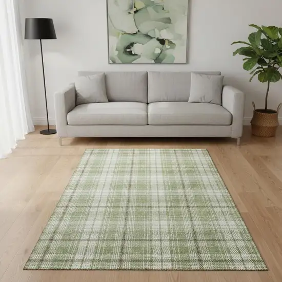 Artichoke Green And Ivory Plaid Washable Area Rug With UV Protection Photo 2