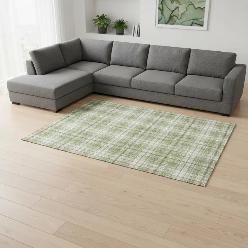 Artichoke Green And Ivory Plaid Washable Area Rug With UV Protection Photo 2