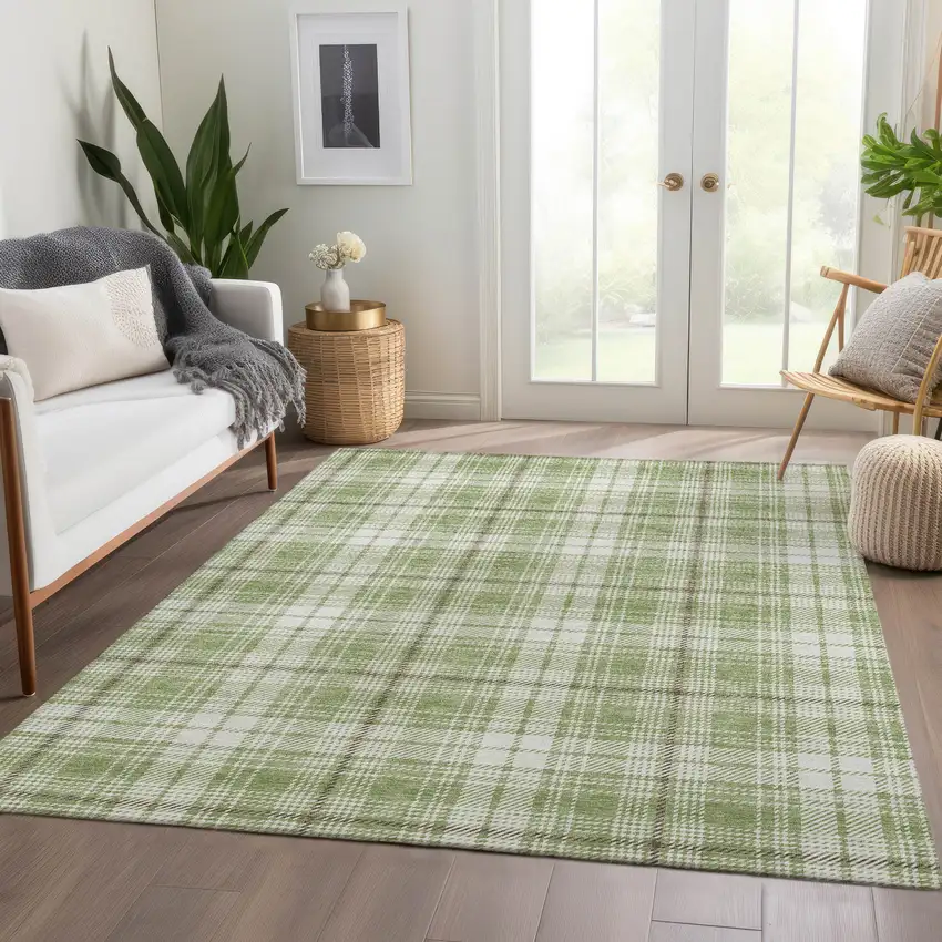 Artichoke Green And Ivory Plaid Washable Area Rug With UV Protection Photo 4