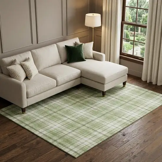 Artichoke Green And Ivory Plaid Washable Area Rug With UV Protection Photo 1