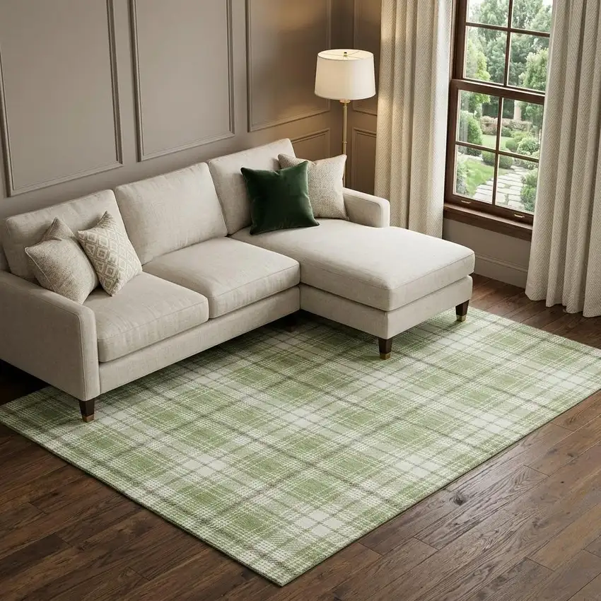 Artichoke Green And Ivory Plaid Washable Area Rug With UV Protection Photo 1