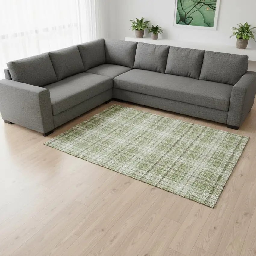 Artichoke Green And Ivory Plaid Washable Area Rug With UV Protection Photo 2