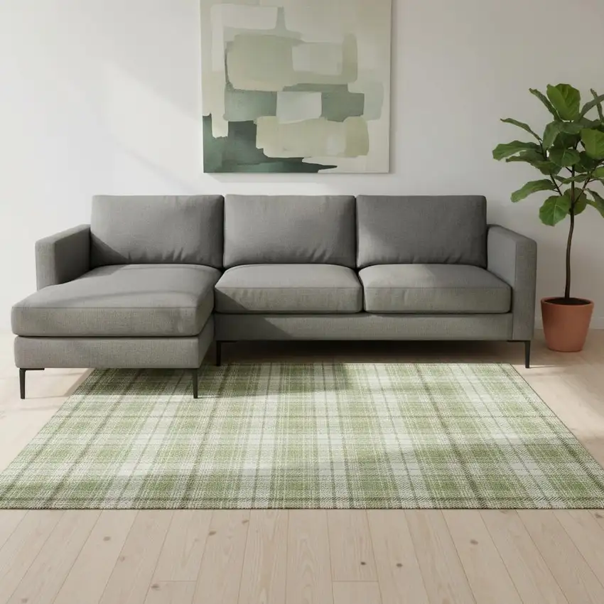 Artichoke Green And Ivory Plaid Washable Area Rug With UV Protection Photo 2