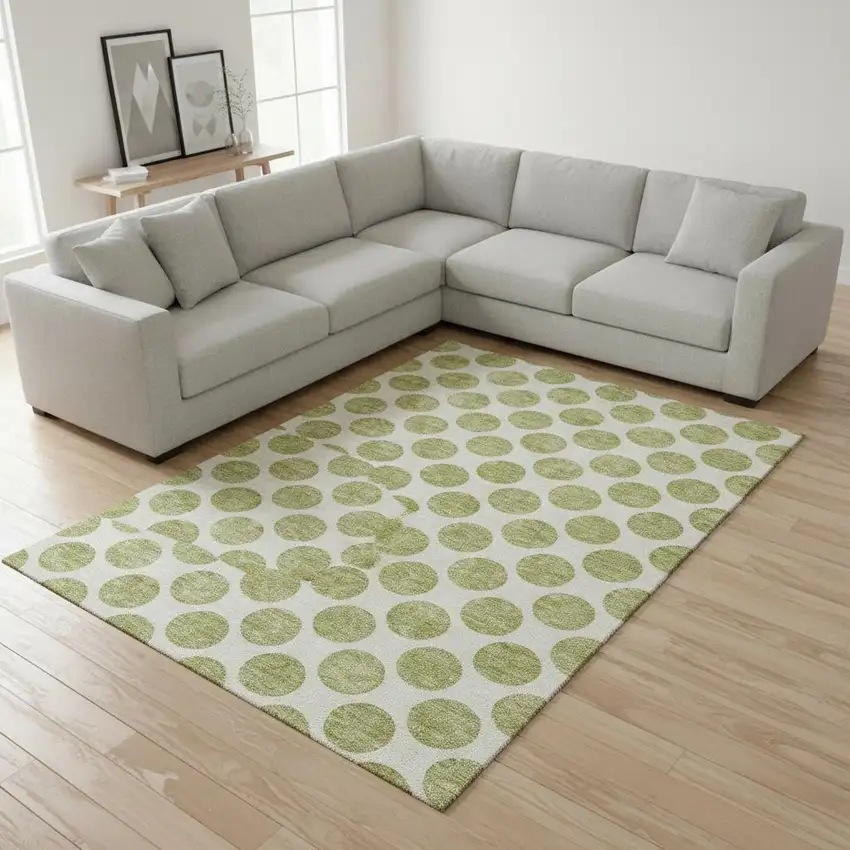 Artichoke Green And Ivory Polka Dot Washable Area Rug With UV Protection Photo 2